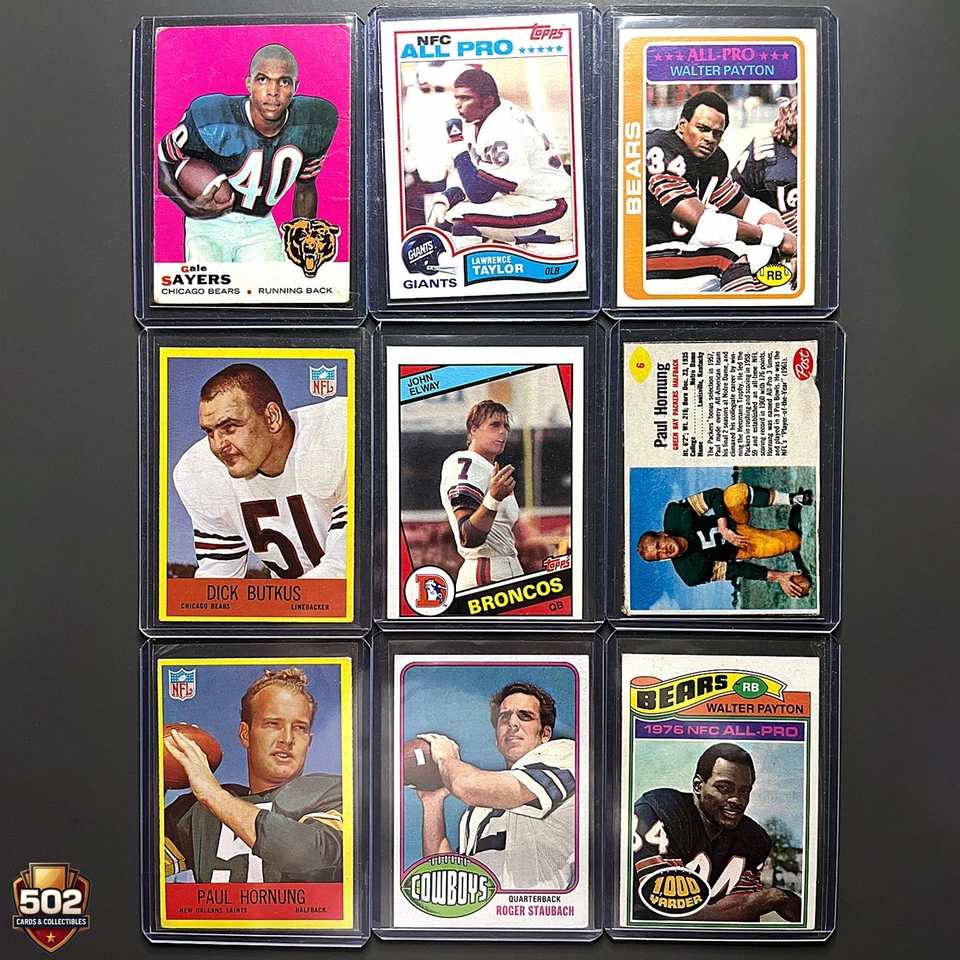 Lote de tarjetas de fútbol americano de la NFL de colección - Paquete misterioso de 5 cartas de los años 50 a 1990 solamente Foto 1 de 1