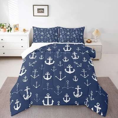Conjunto de edredom tamanho completo âncora azul marinho e branco conjunto de cama para crianças adultos camiseta... - Imagem 1 de 4