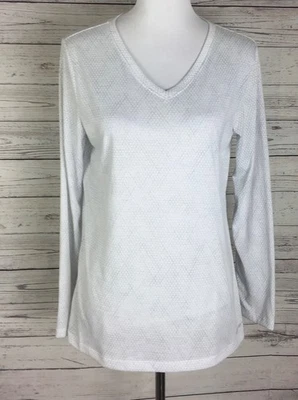 Top Eddie Bauer para mujer talla L blanco gris secado libre manga larga cuello en V elástico Foto 1 de 4