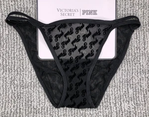Victoria's Secret PINK NWT XXL Black Strappy Cheeky Panty Logo Mesh Cute Sexy - Picture 1 of 11