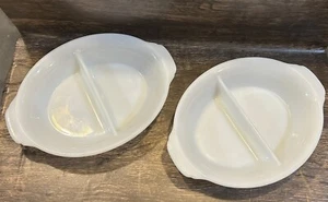 Fire King  White Milk Glass Divided Casserole Baking Dish 1 1/2 quart Set Of 2 - Picture 1 of 7