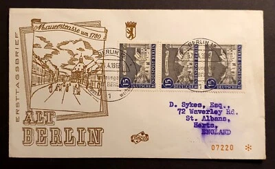 Germany Berlin Stamps 1963 Old Berlin 15pf strip of 3 First Day Cover to UK (w) - Image 1 of 3