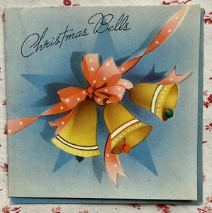 Vintage 1930s Christmas Holiday Bells Star Ribbon Greeting Card - Imagen 1 de 3