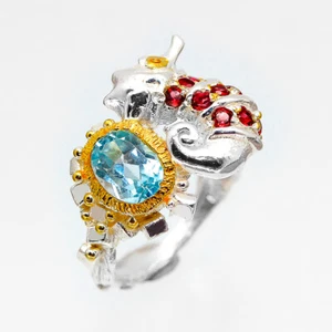Animal Sterling Silver 925  ring Natural Blue Topaz 925 Thai handmade / RVS65 - Picture 1 of 3