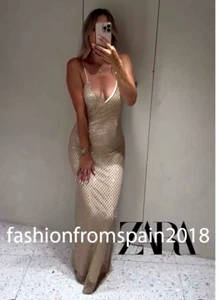 ZARA NEW WOMAN LONG STRAPPY V-NECK RHINESTONE MAXI DRESS GOLDEN 4772/342/303 - Picture 1 of 5