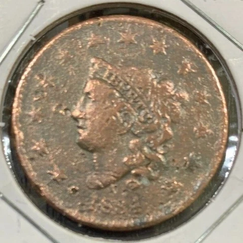 1834 Large Cent (F Details) ~ Coronet Head ~ 1 Penny/Cent ~ Pitted U.S. Coin Cover