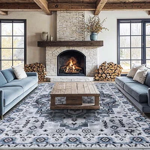 8x10 Non-Slip Boho Machine Washable Area Rugs, Blue, for Living Room & Bedroom - Picture 1 of 5