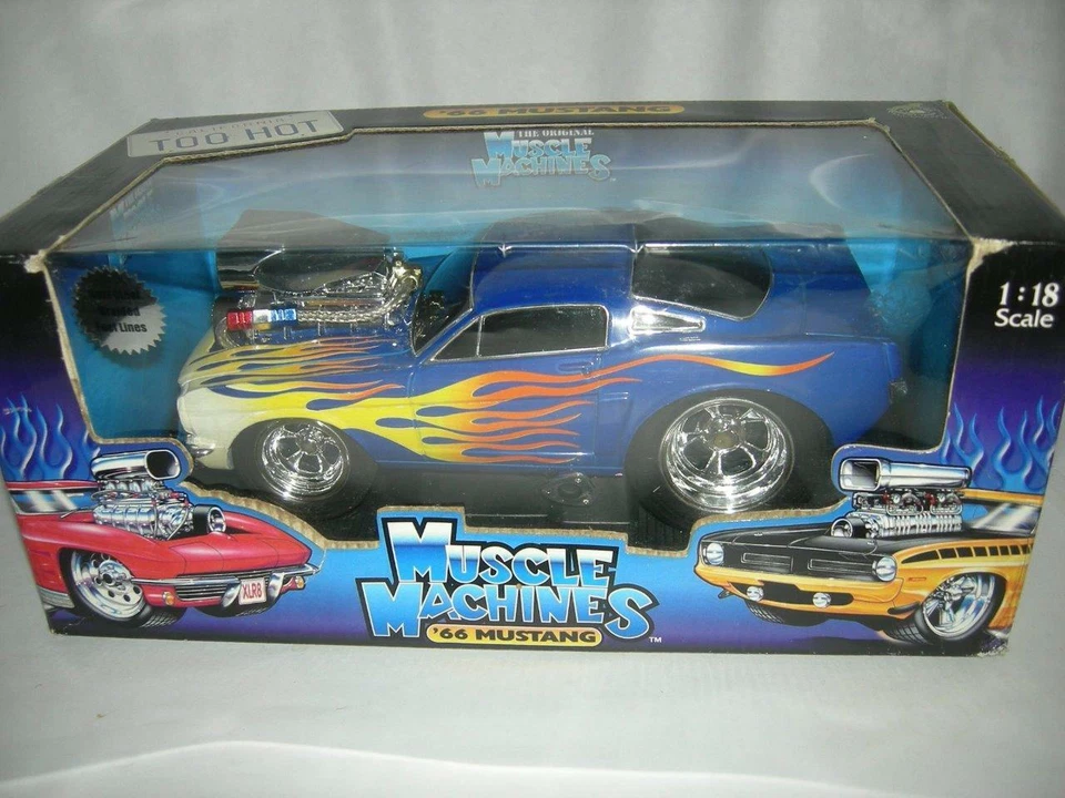 66 Mustang  Blue with Flames  new in box 1:18 sc. Mus. Mach.. - Image 1 of 1
