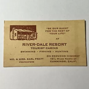 Tarjeta de visita de pesca Cummings California 1941 River-dale Resort cabañas turísticas - Imagen 1 de 9