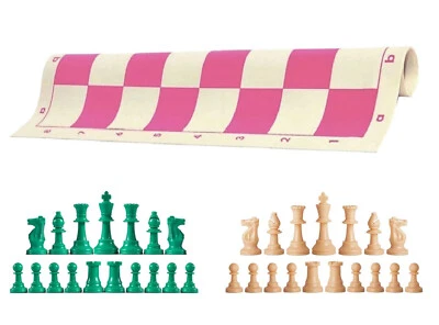 Piezas de ajedrez verde y natural tablero de vinilo rosa de 20" - Juego de ajedrez de triple peso Foto 1 de 4