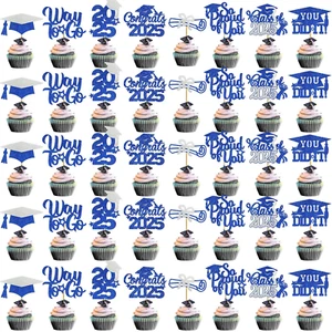 2025 Graduation Cupcake Toppers - 40pcs Blue & Silver Party Decorations - Picture 1 of 17