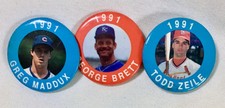  3 Collectible 1991 Baseball Hero Buttons -Greg Maddux, George Brett, Todd Zeile