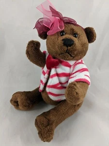Dan Dee Brown Bear Plush Sits 7 Inch Maroon Bow Stripe Shirt Stuffed Animal toy - Picture 1 of 8