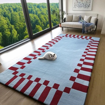 Alfombra hecha a mano acolchada a mano 6x9 color moderno azul y borgoña 100 % lana diseño alfombra hecha a mano Foto 1 de 4