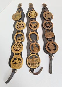 Escaso Caballo Antiguo Vintage Latón x3 Correa Cuero Caballo Latón 14 Medallones - Imagen 1 de 9