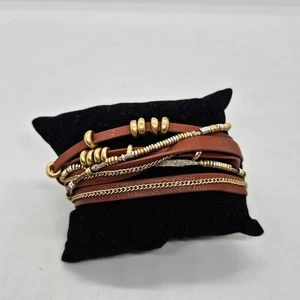 Stella & Dot brown faux leather wrap bracelet with gold and silver metal accents - Picture 1 of 5