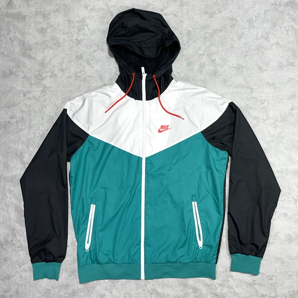 Jaqueta Nike Windrunner masculina M azul-petróleo preta com zíper completo com capuz colorblock corta-vento - Imagem 1 de 4