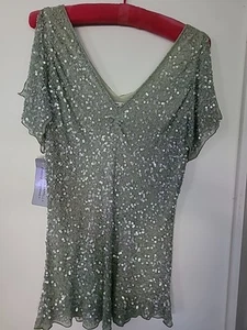 Blusa Adrianna Papell Noche Cuello en V Seda Lentejuelas, Top Nueva Talla L Verde Pálido - Imagen 1 de 8