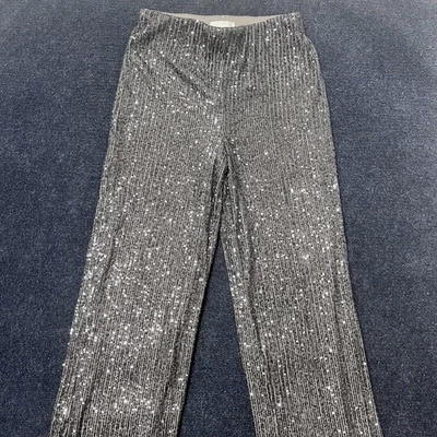 Pantalones H&M para mujer pequeños plateados lentejuelas pierna recta forrados cintura elástica fiesta Foto 1 de 4