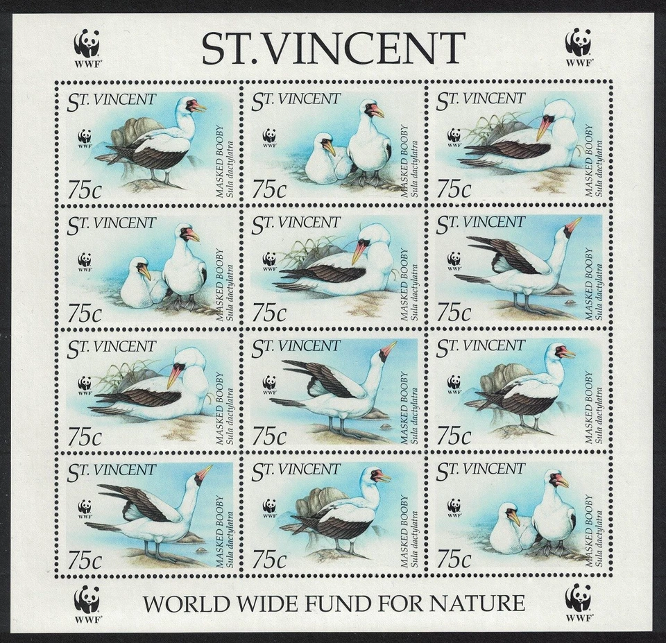 Folheto de 3 conjuntos St. Vincent Birds WWF Masked Booby 1995 MNH SG#2882-2885 - Imagem 1 de 1