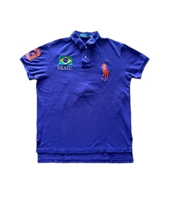 VTG Y2K Polo Ralph Lauren Brazil Big Pony Flag Purple Polo Shirt Mens Med Preppy - Picture 1 of 11