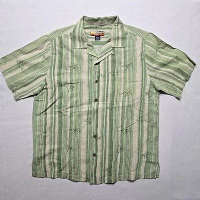 Havana Jack's Cafe Mens Large Green Striped Silk Shirt Tropical Casual Button Up - Image 1 of 4
