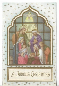 Vtg CHRISTMAS CARD - approx 4x6" Religious Scene-4 CRAFTS, FRONT ONLY - Picture 1 of 1