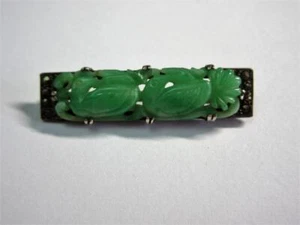 Vintage Art Deco SOLID SILVER & CHINESE CARVED JADE 'Lovebirds' BROOCH, PIN - Picture 1 of 4