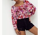 Free People Ariana Blouse Retro Floral Square Neck Poof Sleeve LS Top Medium Pnk