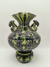 Antique Awaji Kyoto Dolphin Fish Handle Vase Pottery Green 13.5" Tall 9 pound