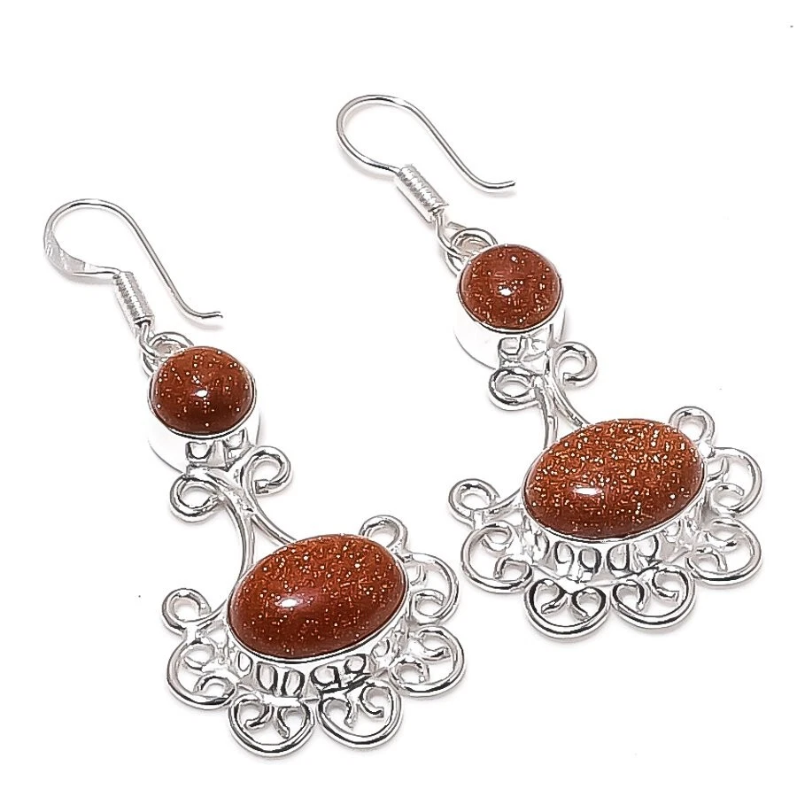 Red Goldstone Gemstone Handmade 925 Sterling Silver Jewelry Earring Sz 1.9" - Image 1 of 1