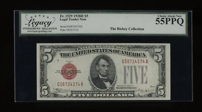 DBR 1928-D $5 Legal Fr. 1529 Vinson GA Block Legacy 55 PPQ Serial G58734374A - Image 1 of 2