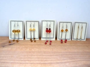 5 pairs bead & chain dangle earring. Glass beads, red, amber & gold colours. - Picture 1 of 6