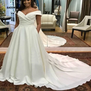 Off Shoulder Plus Size Wedding Dresses V-neck Pleats Satin Bridal Gowns Chapel - Picture 1 of 10