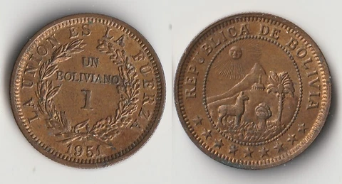 1951 Bolivia 1 boliviano coin Cover