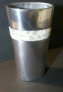 Magenta Inc.Silver Metal Beige Marble Like Inlaid Strip 8x4" H Vase Pencil Caddy - Picture 1 of 6