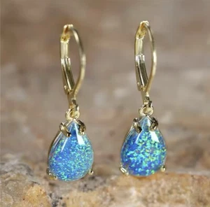 9ct Gold GF Opal Blue Fire Teardrop Drop Lever back Earrings FREE BOX (188) - Picture 1 of 9