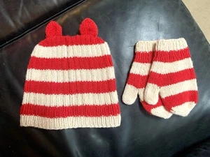 J Crew Crewcuts Cashmere Hat & Mittens, Red & Beige Stripes - Picture 1 of 1