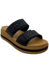 Crocs Women's Brooklyn Buckle Low Wedge Slip On Sandals Black/Brown - Picture 1 of 3