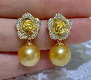new AAAA Round 11-12mm natural South Sea Golden pearl earring 925s - Picture 1 of 3