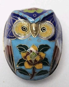 Cloisonné Owl Trinket Box Enamel On Brass Secret Stash Figure Vintage Colorful - Picture 1 of 9