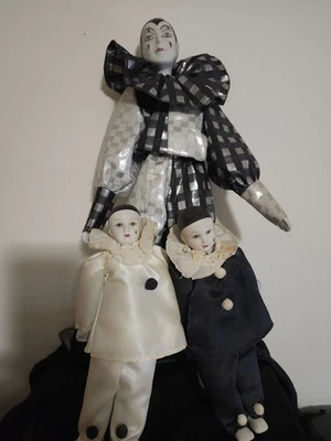 3 - Vintage Harlequin Jester Doll Porcelain Face Collector Dolls - 15.5" - 8." - Image 1 of 4