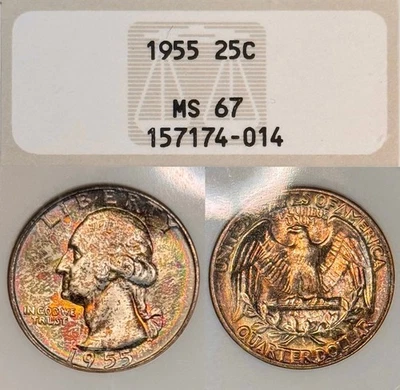 MS67 1955 Washington Silver Quarter, NGC- Old Fatty Holder, FLASHY Rainbow Toned - Image 1 of 4
