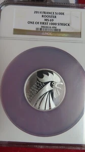 2014 France Silver 100 Euros Rooster NGC MS69 One of the first 1000 struck - Picture 1 of 7