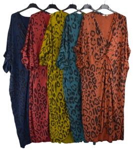 Animal Print Lagenlook Dress with Twist Knot Comfortable Oversized Dress V-neck. - Picture 1 of 12