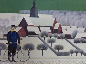 Tarjeta de artista Jan Balet arte ingenuo paisaje de invierno hombre en bicicleta (13) - Imagen 1 de 5