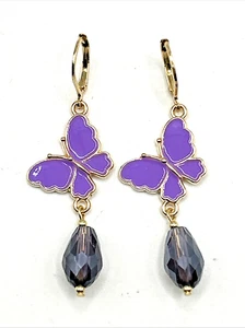 PURPLE Enamel & Glass BUTTERFLY Dangle Earrings w Stainless Leverback Hooks - Picture 1 of 3