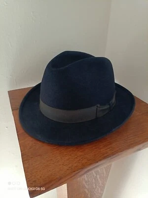 Vintage Mallory by Stetson Fedora Hat – Size 7 1/8 – Wool Felt, Navy Blue - Image 1 of 4