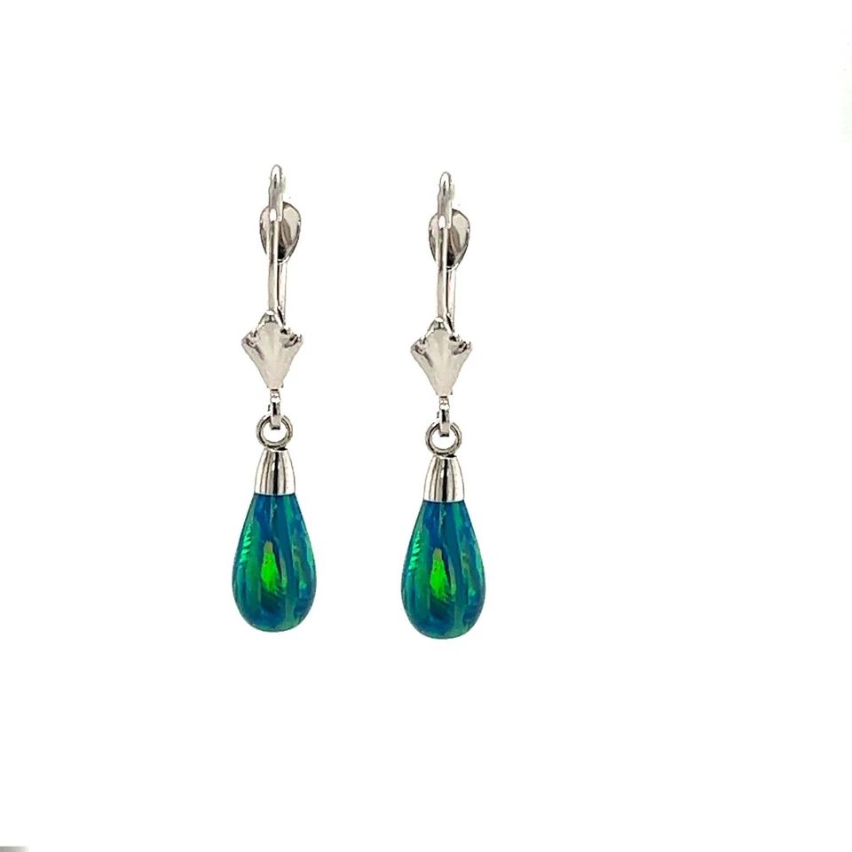 14k-Yellow and White Gold Dangle Green Opal Leverback Earrings - Image 1 of 1