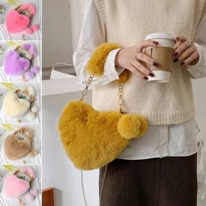 Heart-shaped Small Handbags Faux Fur Daily Clutch Purse Fashion Plush Handbag - Picture 1 of 18